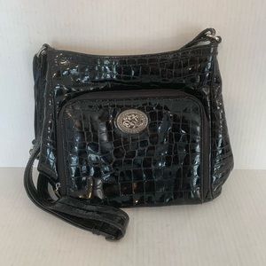 Brighton women’s black croc embossed patent leather crossbody purse